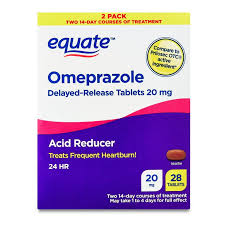 Bottle of Pasteur Pharmacy Omeprazole 20 mg delayed-release tablets for heart care, 28-count medication blister pack.