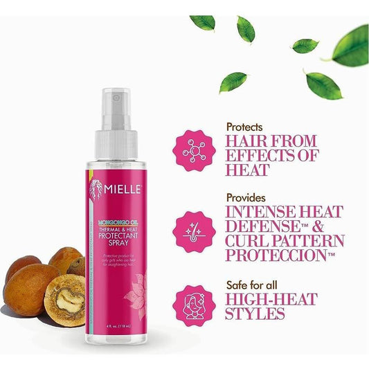 Mielle Mongongo Oil Thermal & Heat Protectant Spray in 4oz bottle, natural spray with mist for hair heat protection
