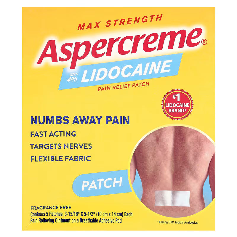 Aspercreme Max Strength Lidocaine Pain Relief Patch on heating pad, 4%, 5 count, used for localized pain relief and muscle relief.