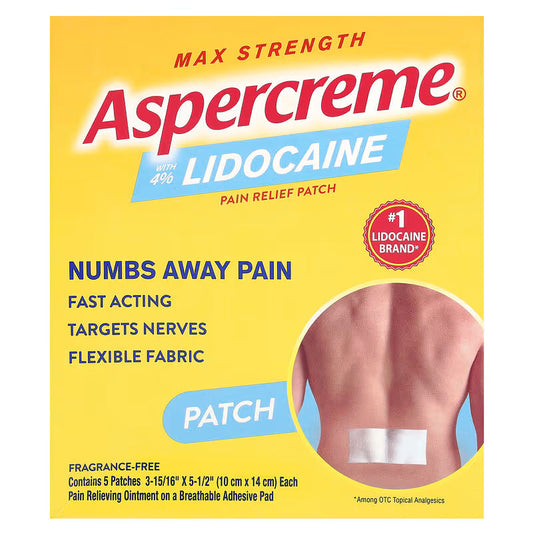 Aspercreme Max Strength Lidocaine Pain Relief Patch on heating pad, 4%, 5 count, used for localized pain relief and muscle relief.