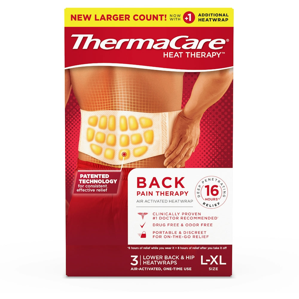 Thermacare Heatwraps for lower back and hips, XL size, heating pad by Pasteur Pharmacy, showing the flexible wrap design.