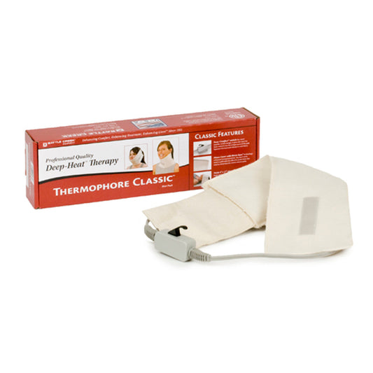 Pasteur Pharmacy Thermophore Classic Petite 4x17 inch moist heating pad with textured surface and adjustable strap for targeted heat therapy.
