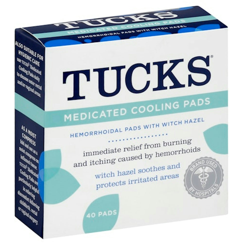 Tucks Medicated Cooling Hemorrhoidal Pads with Witch Hazel in a resealable package, designed for soothing relief.