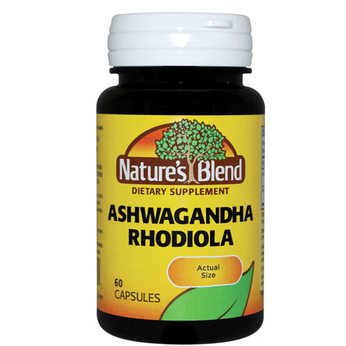 Bottle of Nature's Blend Ashwagandha and Rhodiola herbs and spices from Pasteur Pharmacy, with dried root ingredients visible.