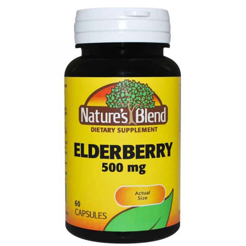 Nature's Blend Elderberry 500 Mg capsules by Pasteur Pharmacy, herbal supplement, 60 capsules in black bottle with label