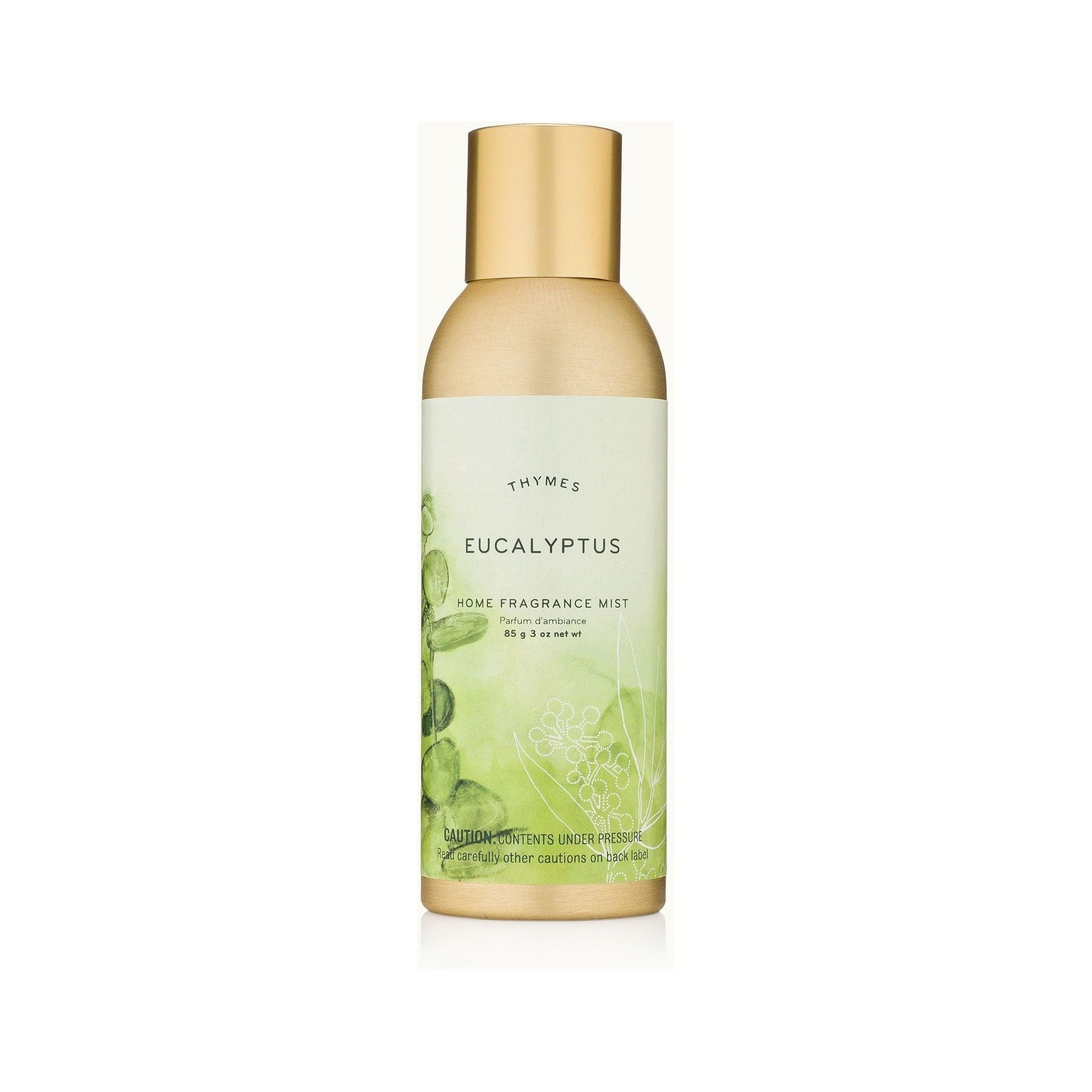 Thymes Eucalyptus Home Fragrance Mist in a 3 oz spray bottle, featuring fresh eucalyptus scent for home ambiance.