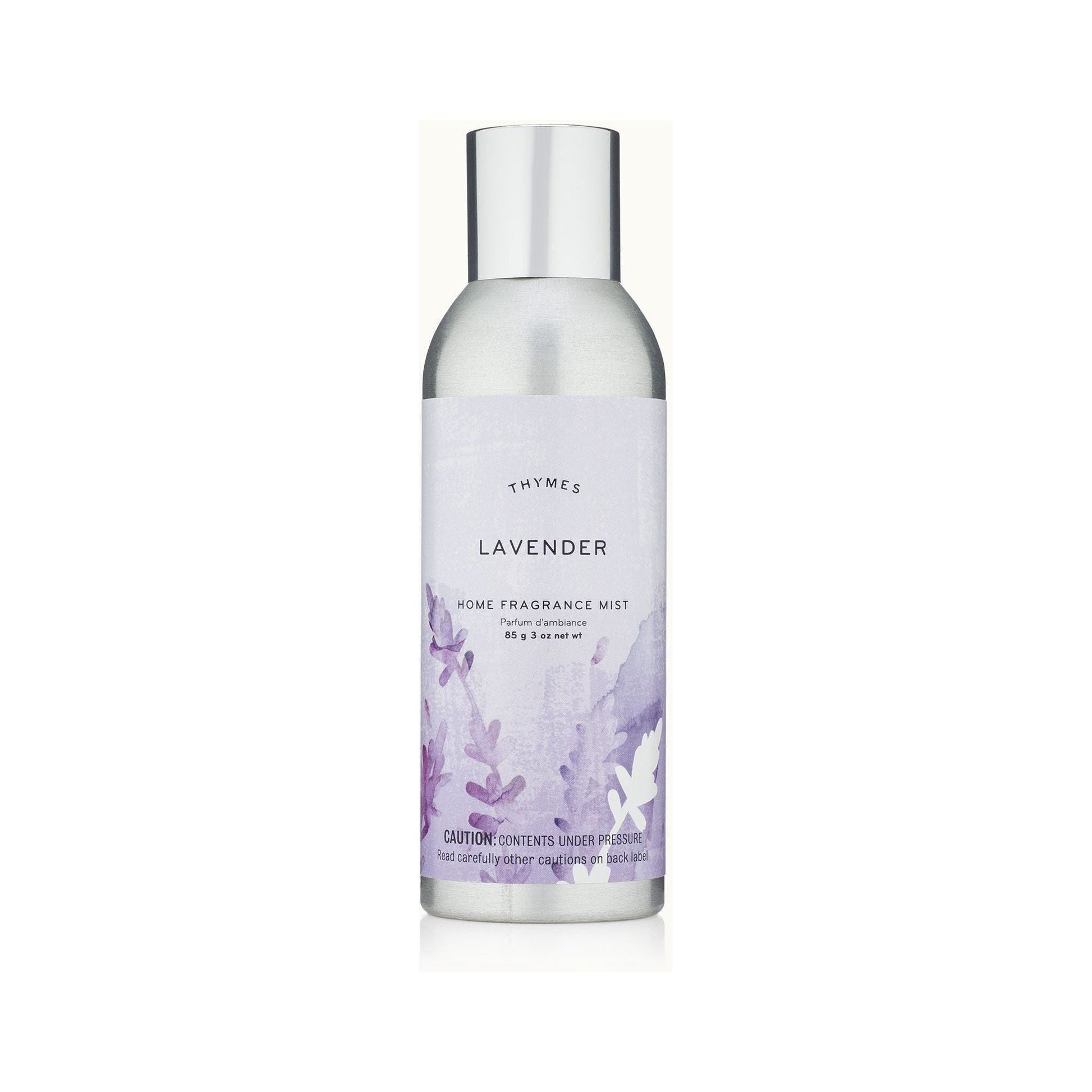 Thymes Lavender Home Fragrance Mist in a 3 oz spray bottle with a sleek design, ideal for freshening indoor spaces.