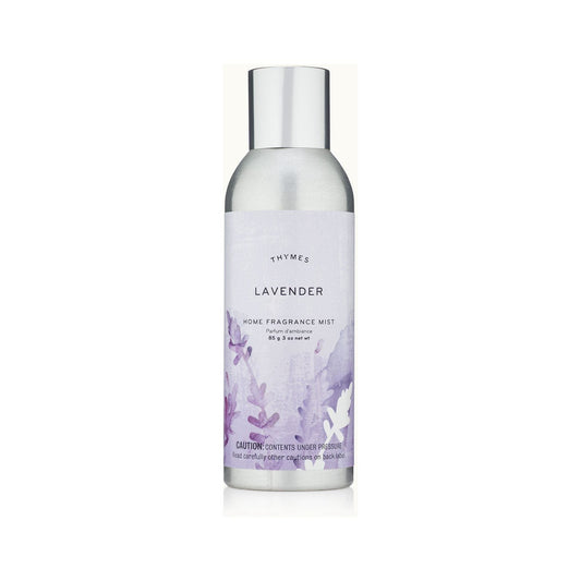Thymes Lavender Home Fragrance Mist in a 3 oz spray bottle with a sleek design, ideal for freshening indoor spaces.