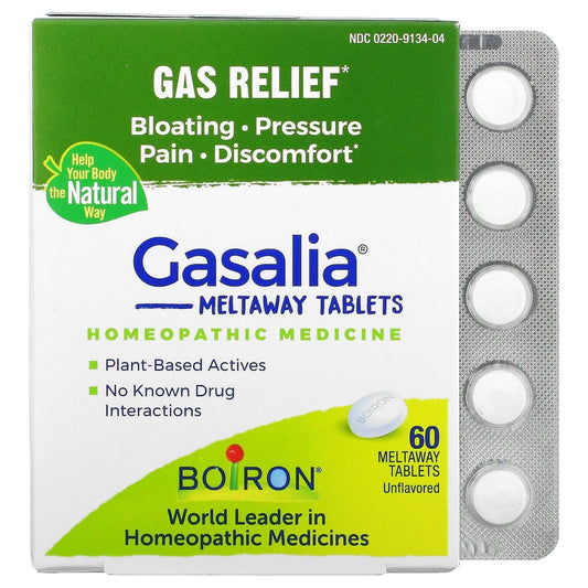 Pasteur Pharmacy Boiron Gasalia homeopathic gas relief tablets in a blister pack, 60-count box for digestive comfort.