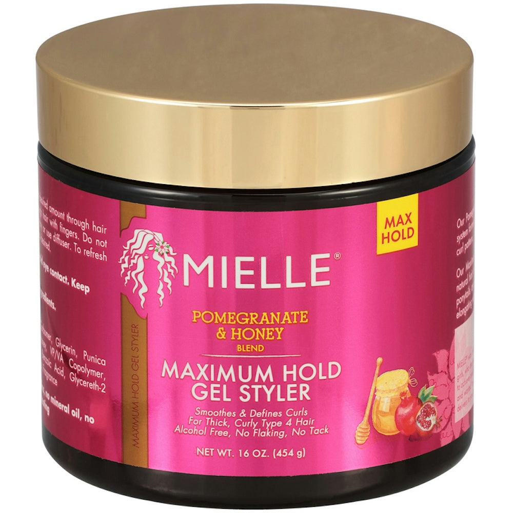 Mielle Organics Pomegranate & Honey Maximum Hold Gel Styler 16oz, natural honey product with a clear container and labeling.