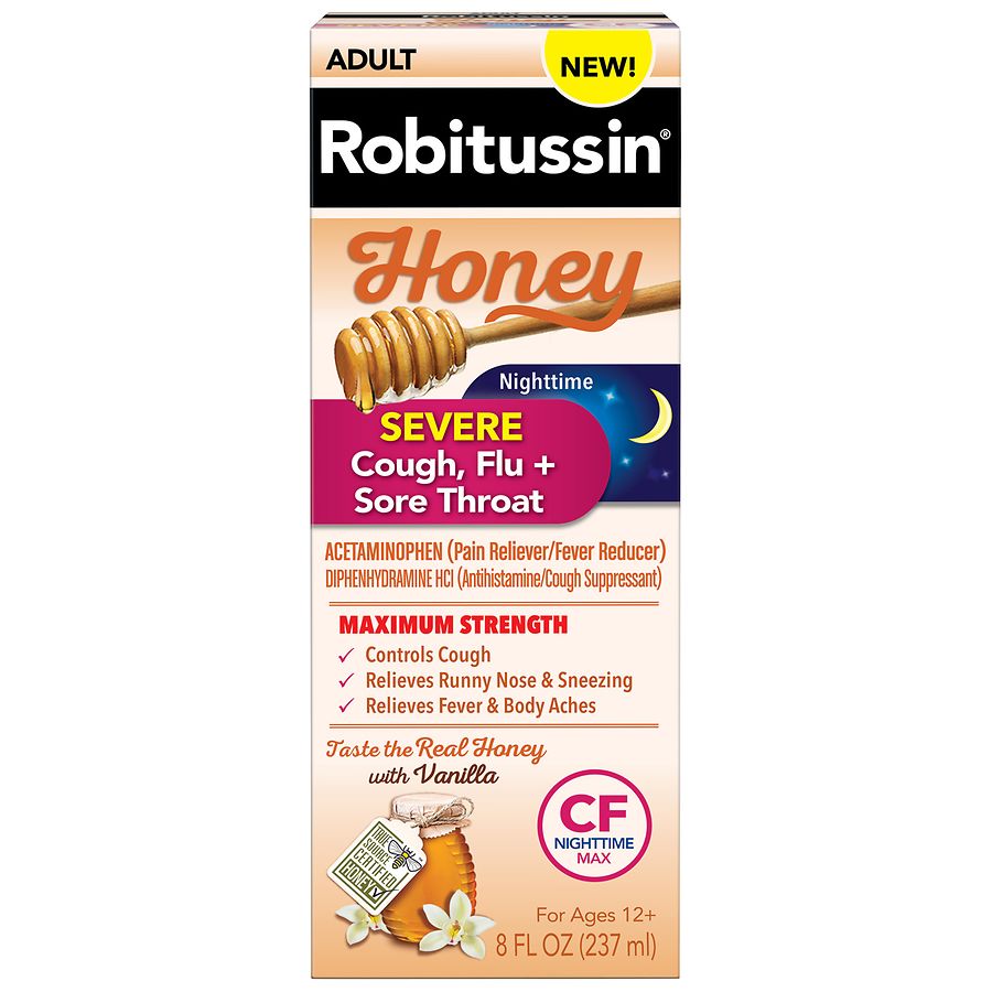 Robitussin Adult Max Strength Severe Night Honey in a jar, natural honey product for nighttime cough relief, by Pasteur Pharmacy.
