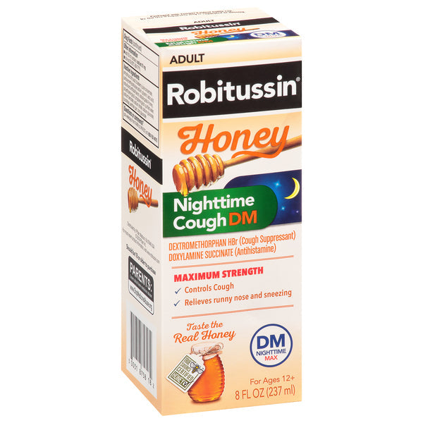 Robitussin Adult Maximum Strength Honey Nighttime Cough DM in 8 Fl Oz bottle, featuring honey flavor and cough relief.