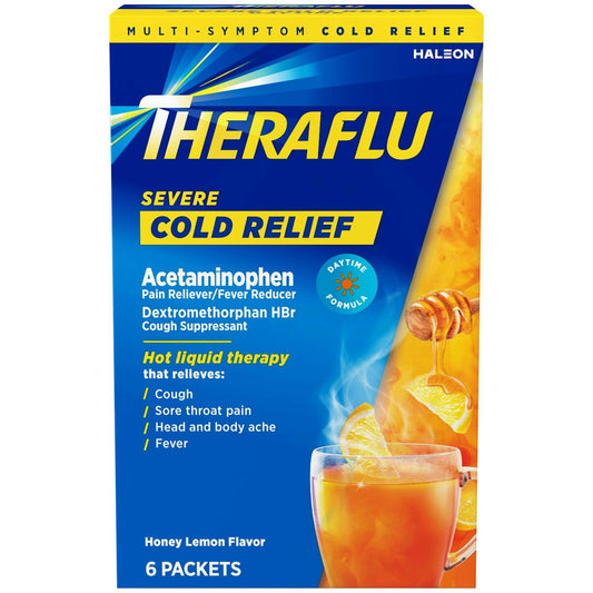 Theraflu Cold Relief Severe Honey Lemon flavor packets with honey, displayed in a package for soothing cold symptoms.