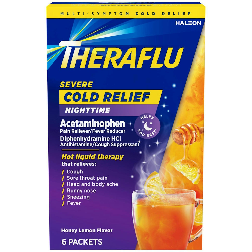 Theraflu Hot Liquid Therapy Severe Cold Relief Honey Lemon nighttime packets in a box, manufactured by Pasteur Pharmacy.