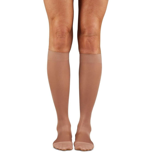 Unisex beige microfiber medical knee-high hosiery by Dr. Comfort with 20-30mmHg compression, large size.
