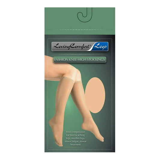 Loving Comfort sheer compression stockings in beige, knee-high, closed toe, 20-30 mmHg, women's X-Large hosiery by Pasteur Pharmacy.