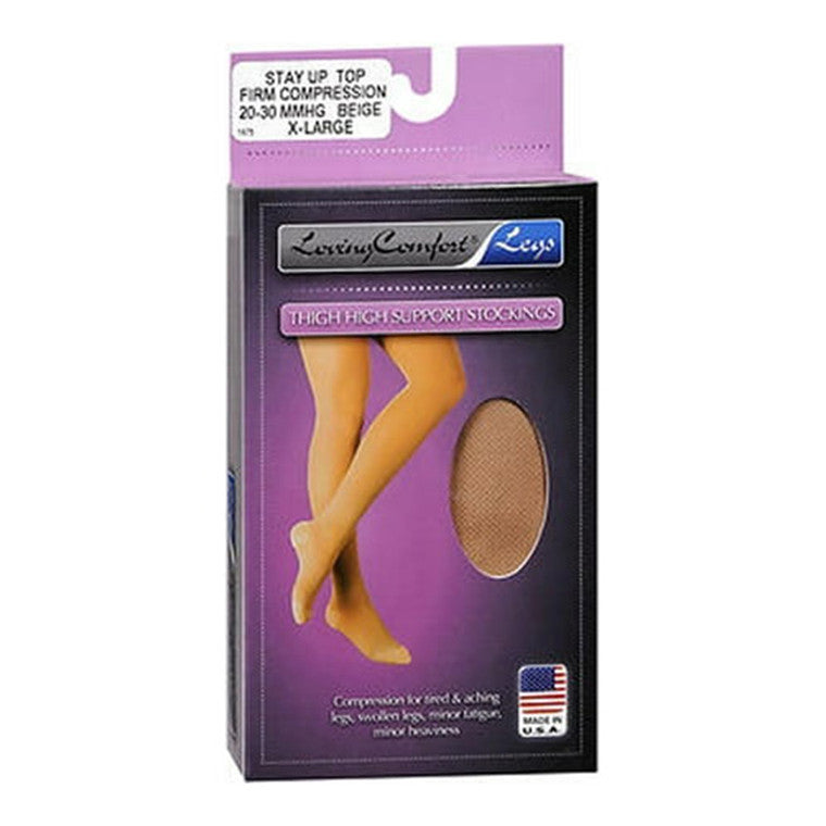 Beige Loving Comfort thigh-high support stockings with 20-30 mmHg compression, medium size, designed for leg support and comfort.