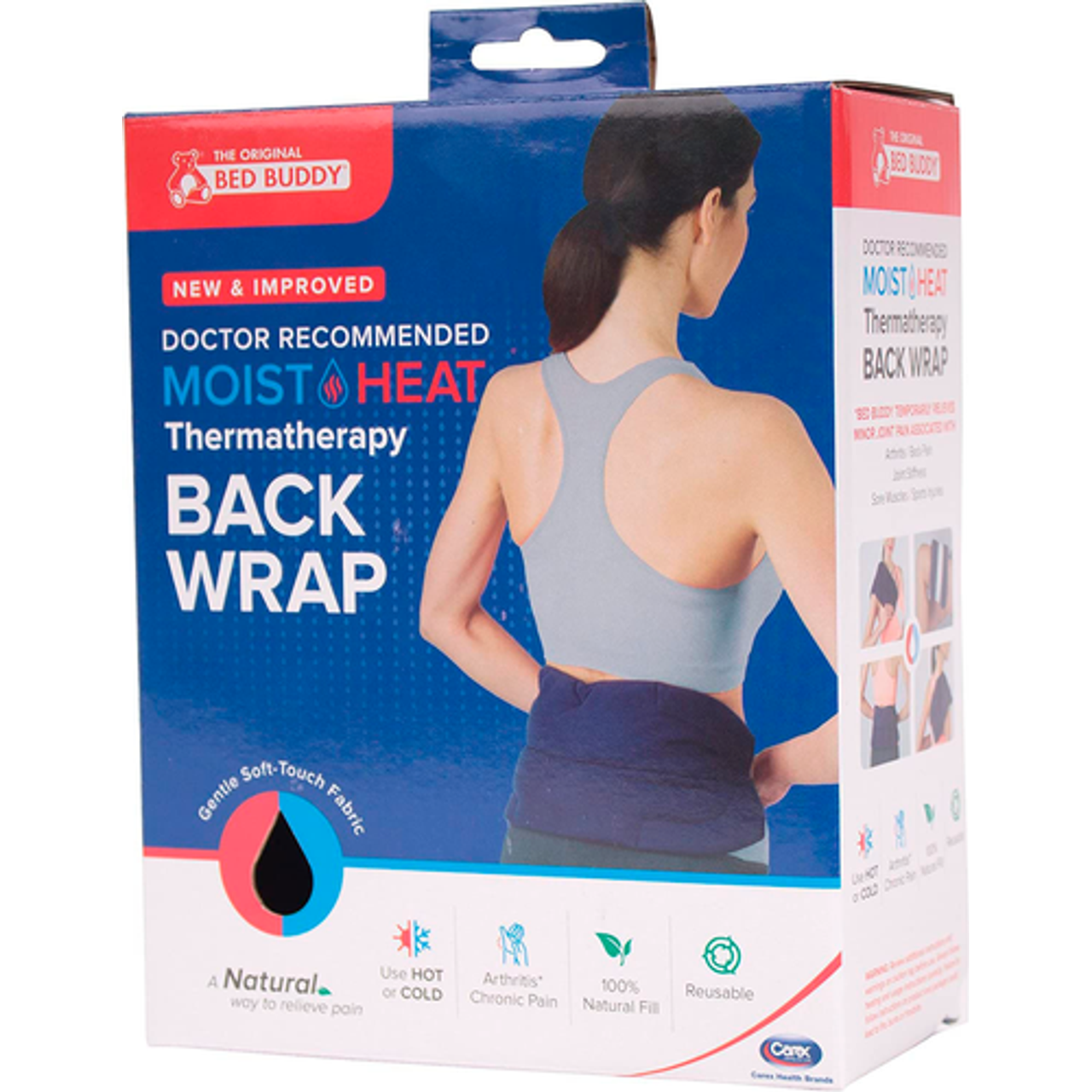 Bed Buddy Carex moist heat back wrap for hot and cold therapy, designed to soothe back pain and muscle tension.