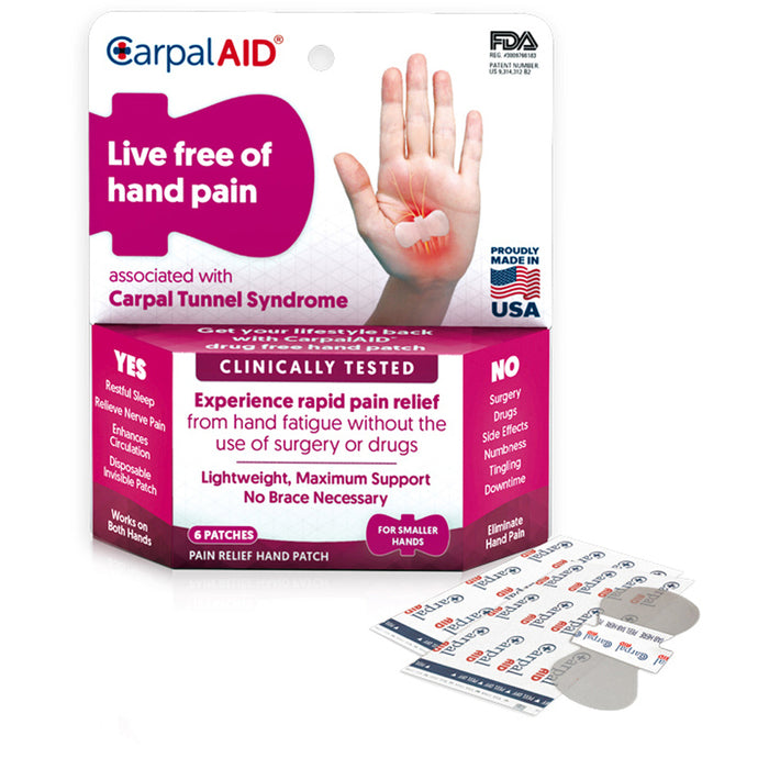 Small CarpalAID Pain Relief Hand Patch from Pasteur Pharmacy for hot and cold therapy to soothe wrist and hand pain.
