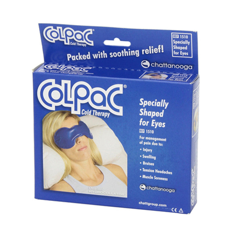 Blue vinyl Chattanooga ColPaC® eye-size cold pack for hot and cold therapy, 3x8 inches, used for soothing eye area pain.