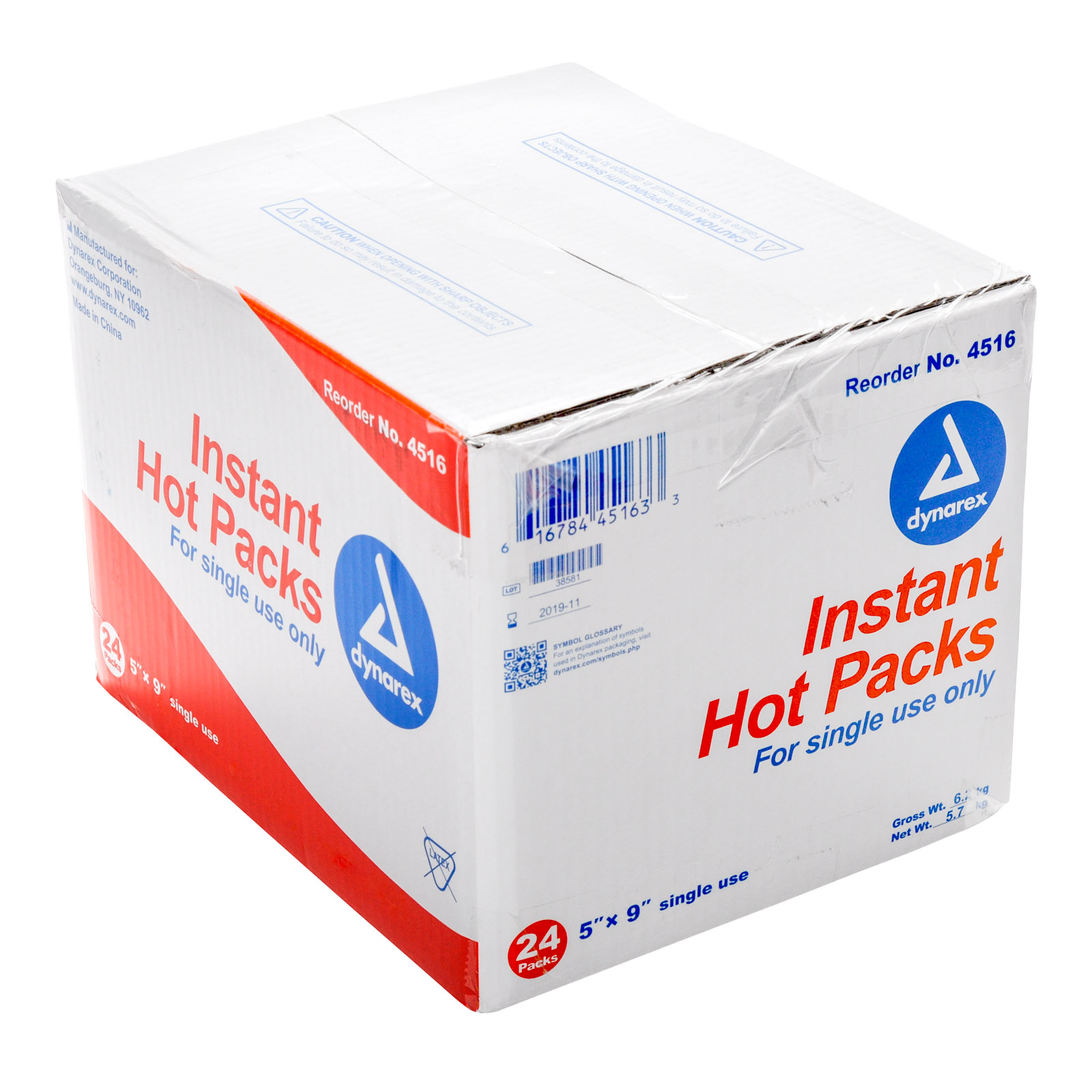 Dynarex Instant Hot Packs for heat therapy, 5x9 inches, single-use, Pasteur Pharmacy, 24-pack case, used for pain relief and warmth.