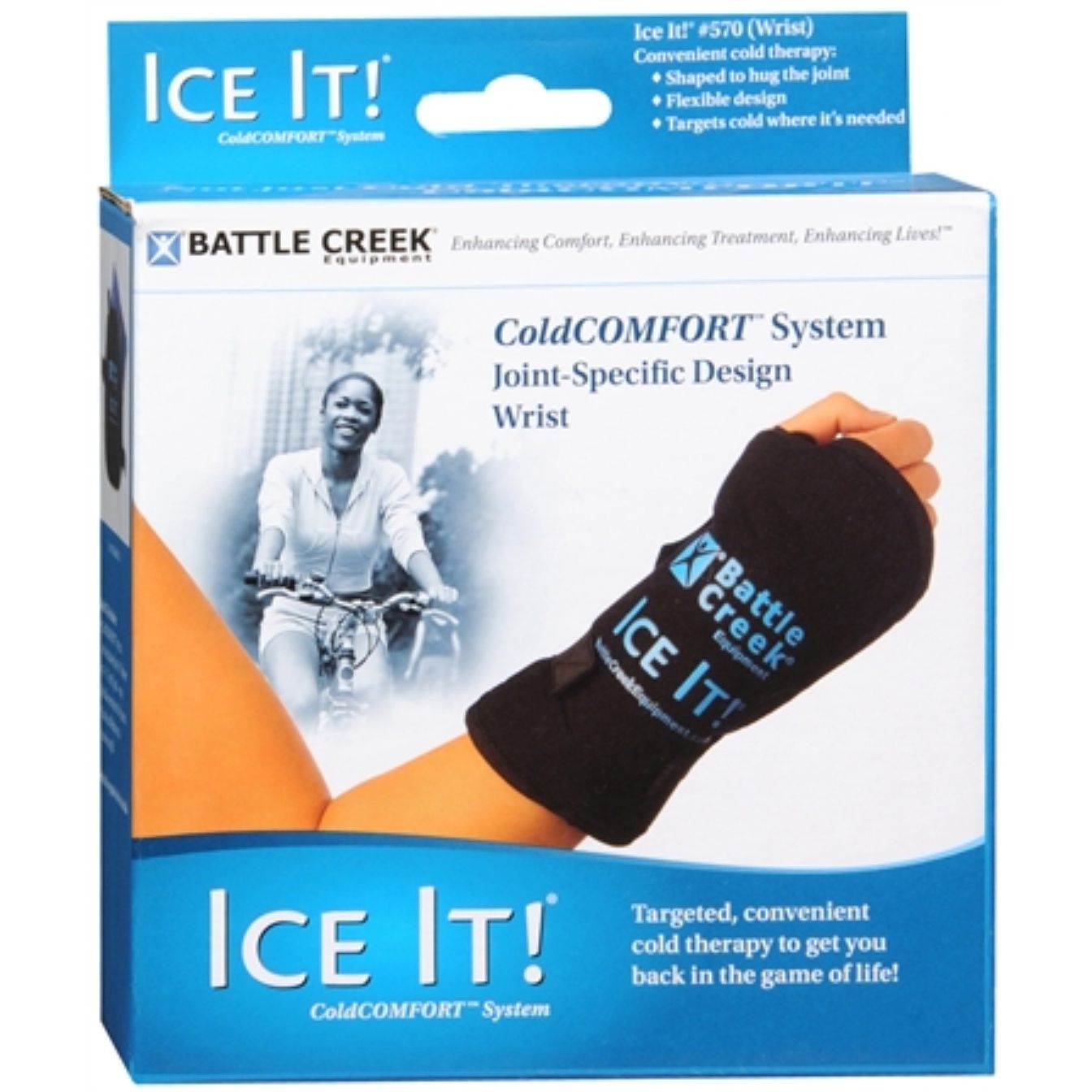 Ice It! Cold Comfort System wrist for hot and cold therapy, featuring a gel-filled cushion and adjustable strap for wrist relief.
