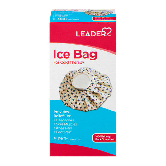 Leader Ice Bag 9-inch diameter for cold therapy, showing a soft, flexible gel-filled bag ready for cold compress treatment.
