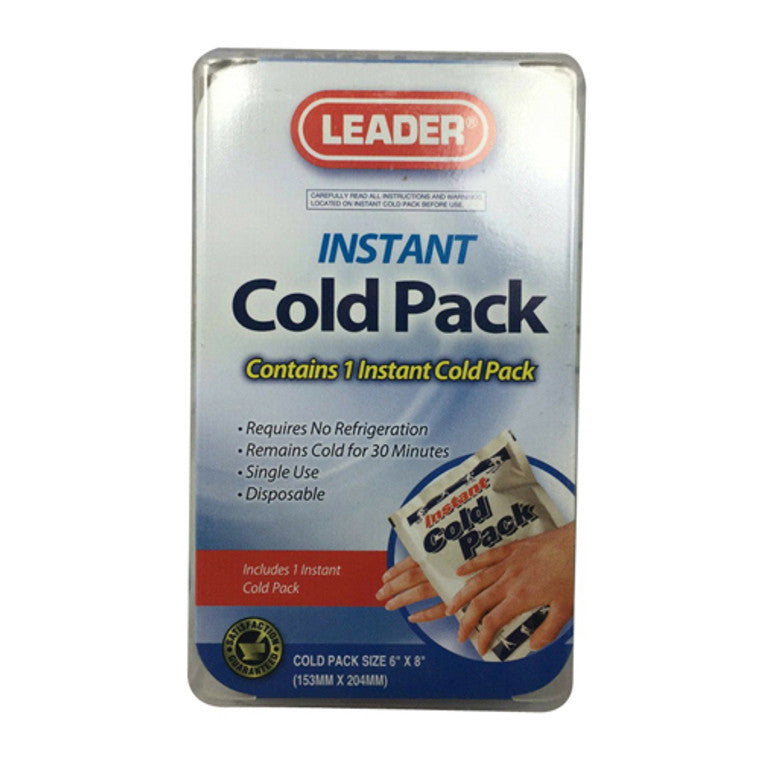 Leader Instant Cold Pack, single, used for hot and cold therapy, by Pasteur Pharmacy, shown with a sealed cold pack in a clinical setting.
