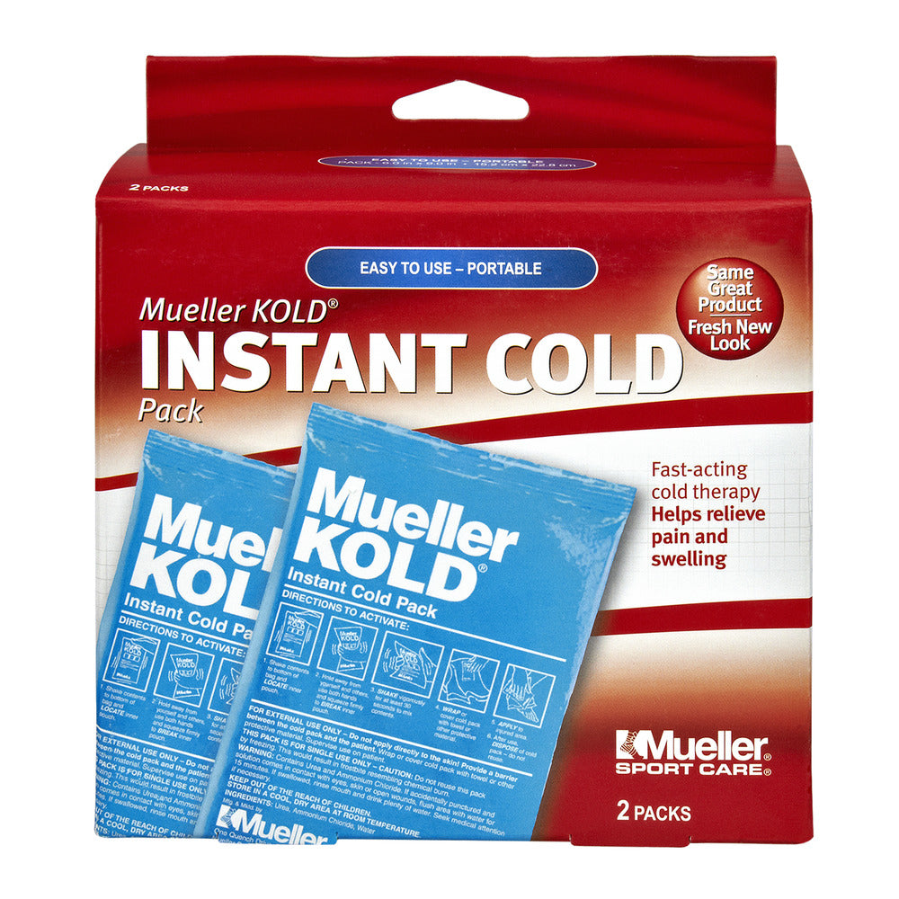 Mueller Kold instant cold pack for hot and cold therapy, shown in its packaging with a white and blue design.