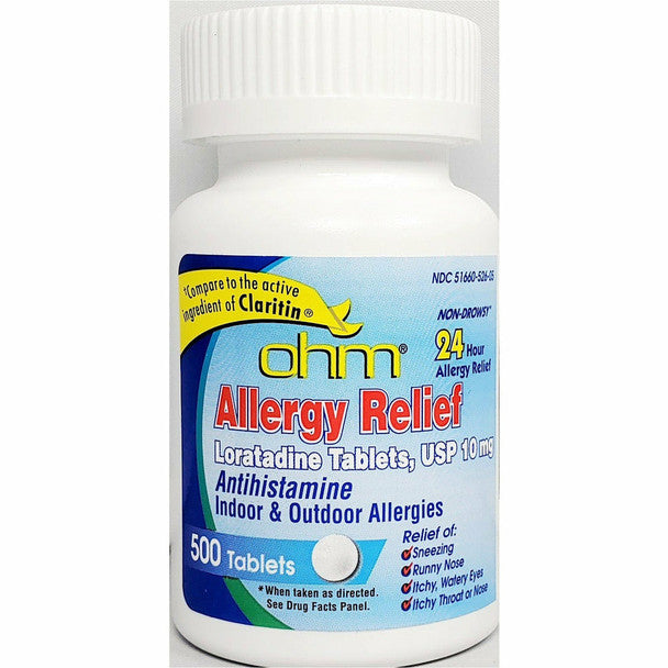 Pasteur Pharmacy Ohm 24 Hour Allergy Relief Tablets, compare to Claritin, in blister pack, designed for allergy symptom relief.
