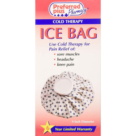 Pasteur Pharmacy 9-inch ice bag for cold therapy, used for pain relief and swelling reduction in hot and cold therapy treatments.
