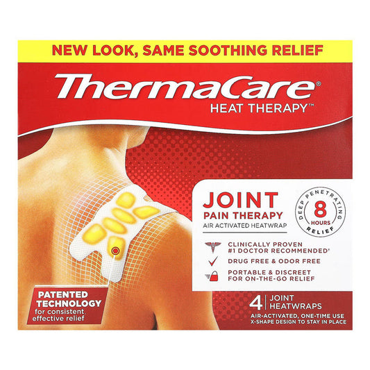 ThermaCare Heatwraps for joint pain relief by Pasteur Pharmacy, showing heat therapy wraps on a person's joints for soothing pain.