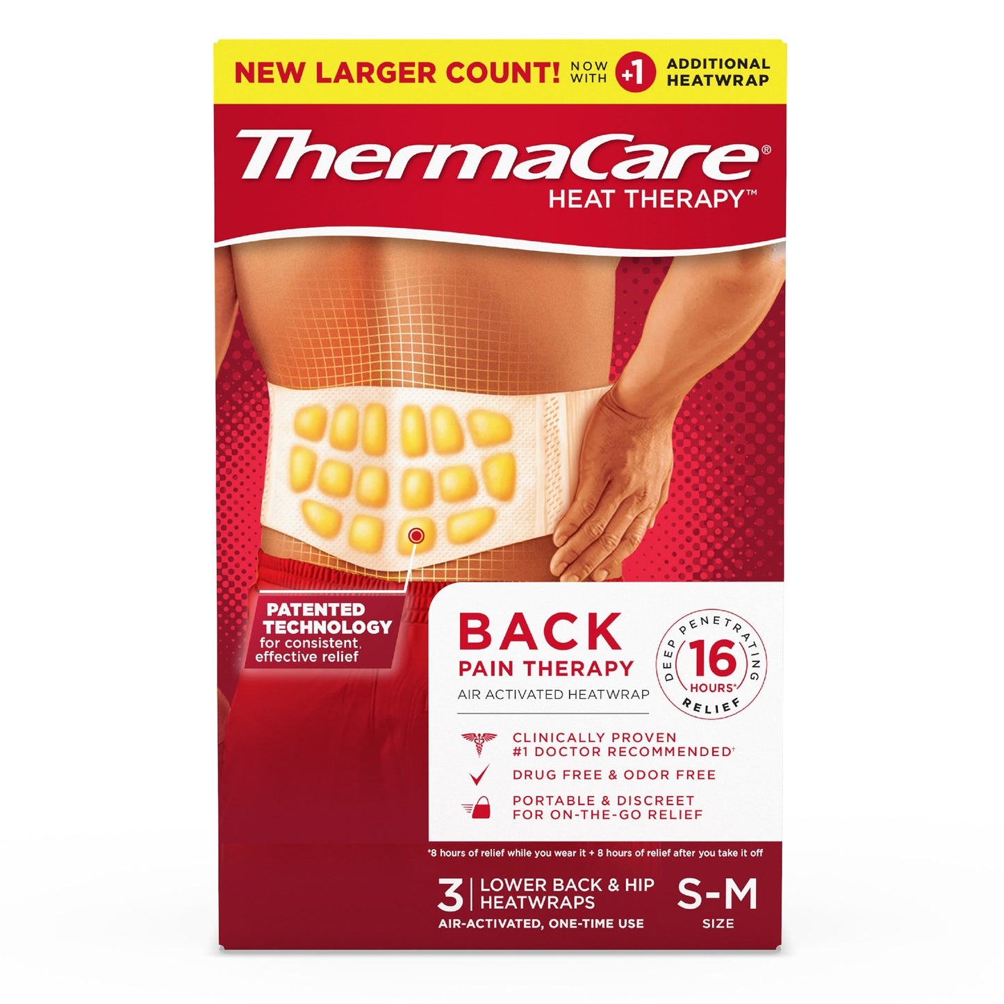 ThermaCare heatwraps for lower back and hip, small size, used for hot and cold therapy, by Pasteur Pharmacy.