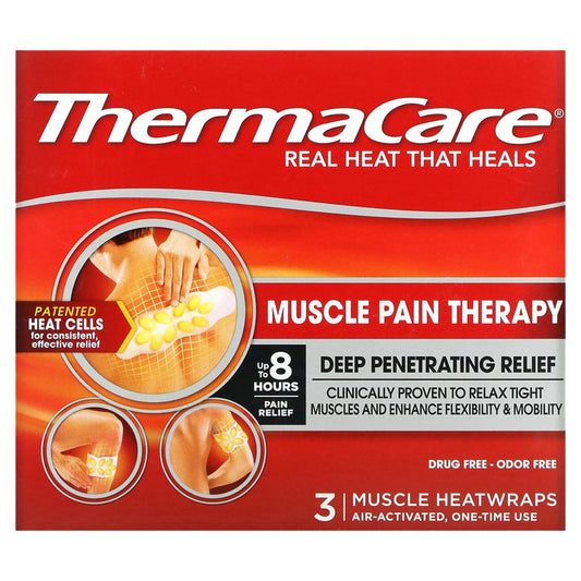 ThermaCare Heatwraps for muscle pain relief, hot and cold therapy, by Pasteur Pharmacy, showing the heatwraps on a person’s shoulder