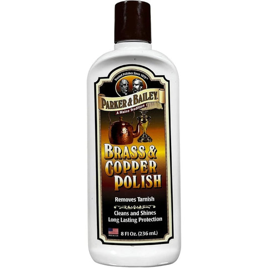 Parker & Bailey brass and copper polish in an 8 oz container, used for cleaning, polishing, and protecting metal surfaces.