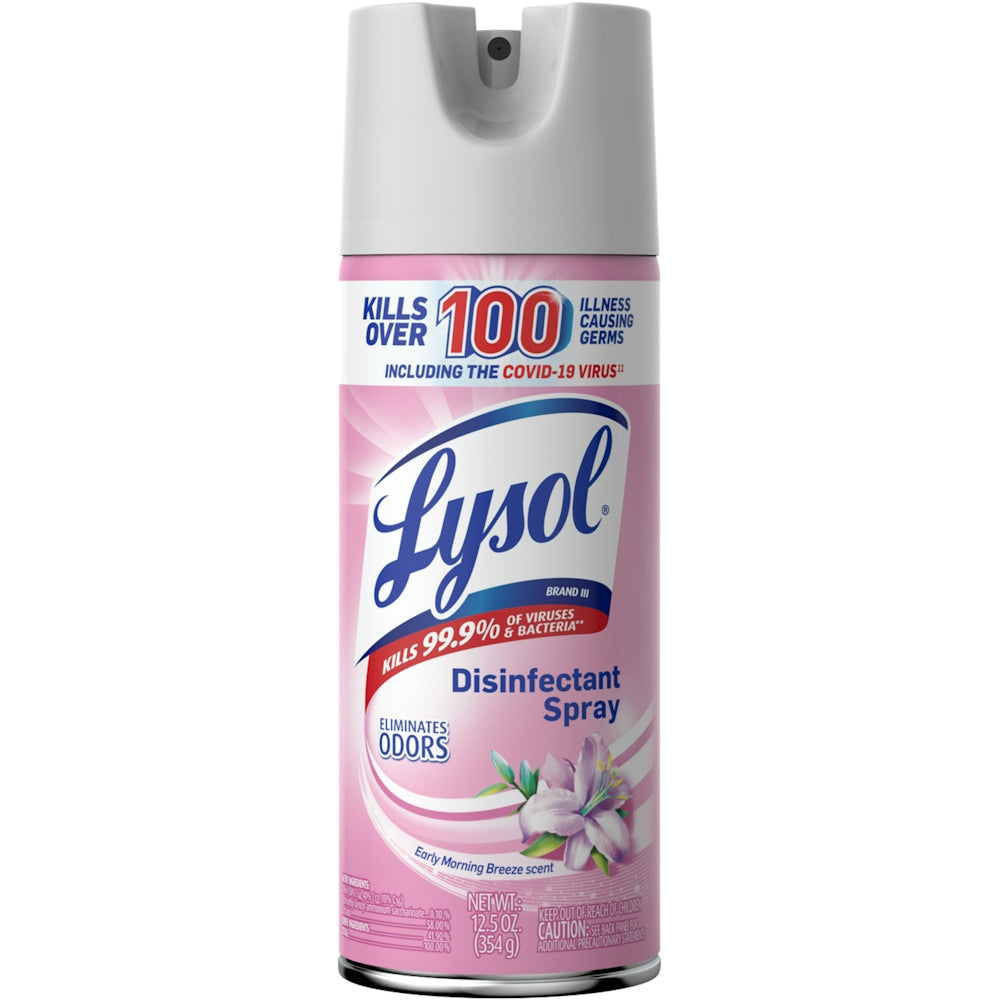 Lysol Disinfectant Spray in 12.5 oz bottle with Early Morning Breeze scent, used for household surface disinfection.