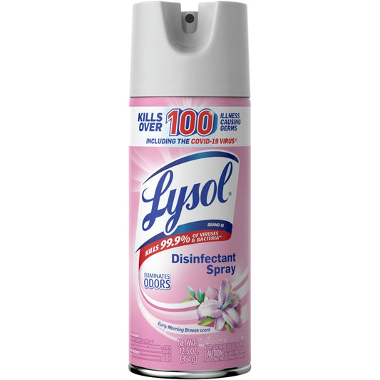 Lysol Disinfectant Spray in 12.5 oz bottle with Early Morning Breeze scent, used for household surface disinfection.