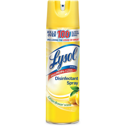Lysol disinfectant spray in Lemon Breeze scent, 19 oz, for household disinfection, held in a person's hand.