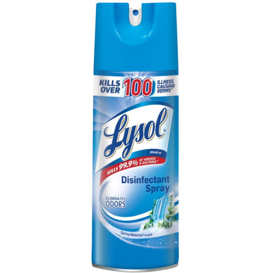 Lysol Disinfectant Spray in Spring Waterfall scent, 12.5 oz aerosol can, designed for household disinfecting and freshening.