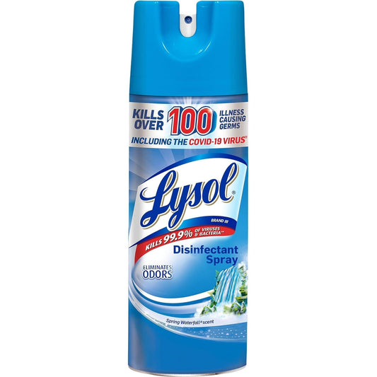 Lysol Disinfectant Spray in Spring Waterfall scent, 19 oz aerosol can, designed for household cleaning and disinfecting surfaces.