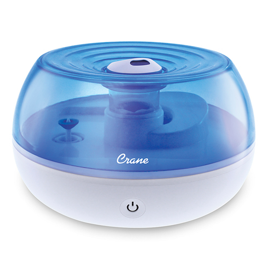 Blue and white Crane 0.2-gallon personal ultrasonic cool mist humidifier, compact design with water tank and control settings.