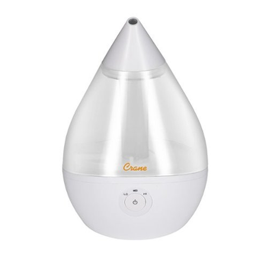 Crane Droplet 0.5-gallon ultrasonic cool mist humidifier in clear and white for home moisture control.