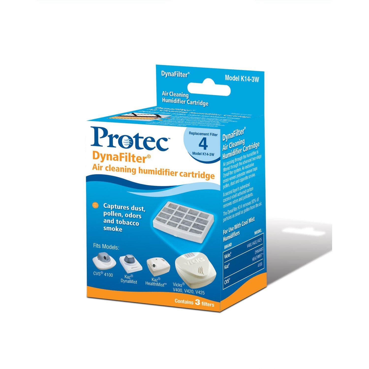 Protec Dynafilter air cleaning humidifier cartridge 3-pack, compatible with Pasteur Pharmacy humidifiers, shown in the image.