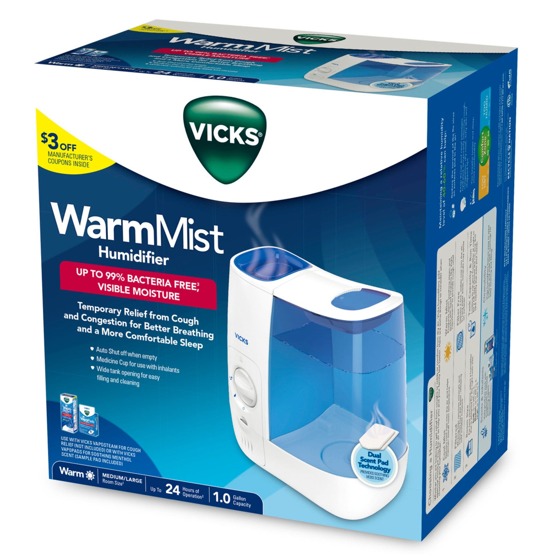 Vicks Warm Mist Humidifier 1 Gallon from Pasteur Pharmacy, showing the white plastic device with a water tank and mist outlet.