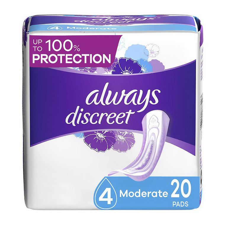 Always Discreet Incontinence Pads by Pasteur Pharmacy, moderate absorbency, regular length, three packs of 20 pads each.