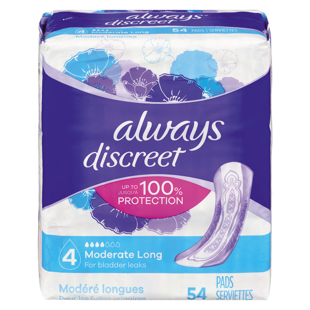 Always Discreet moderate absorbency long length incontinence pads, shown in white packaging with product details and branding.