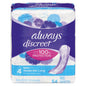 Always Discreet moderate absorbency long length incontinence pads, shown in white packaging with product details and branding.