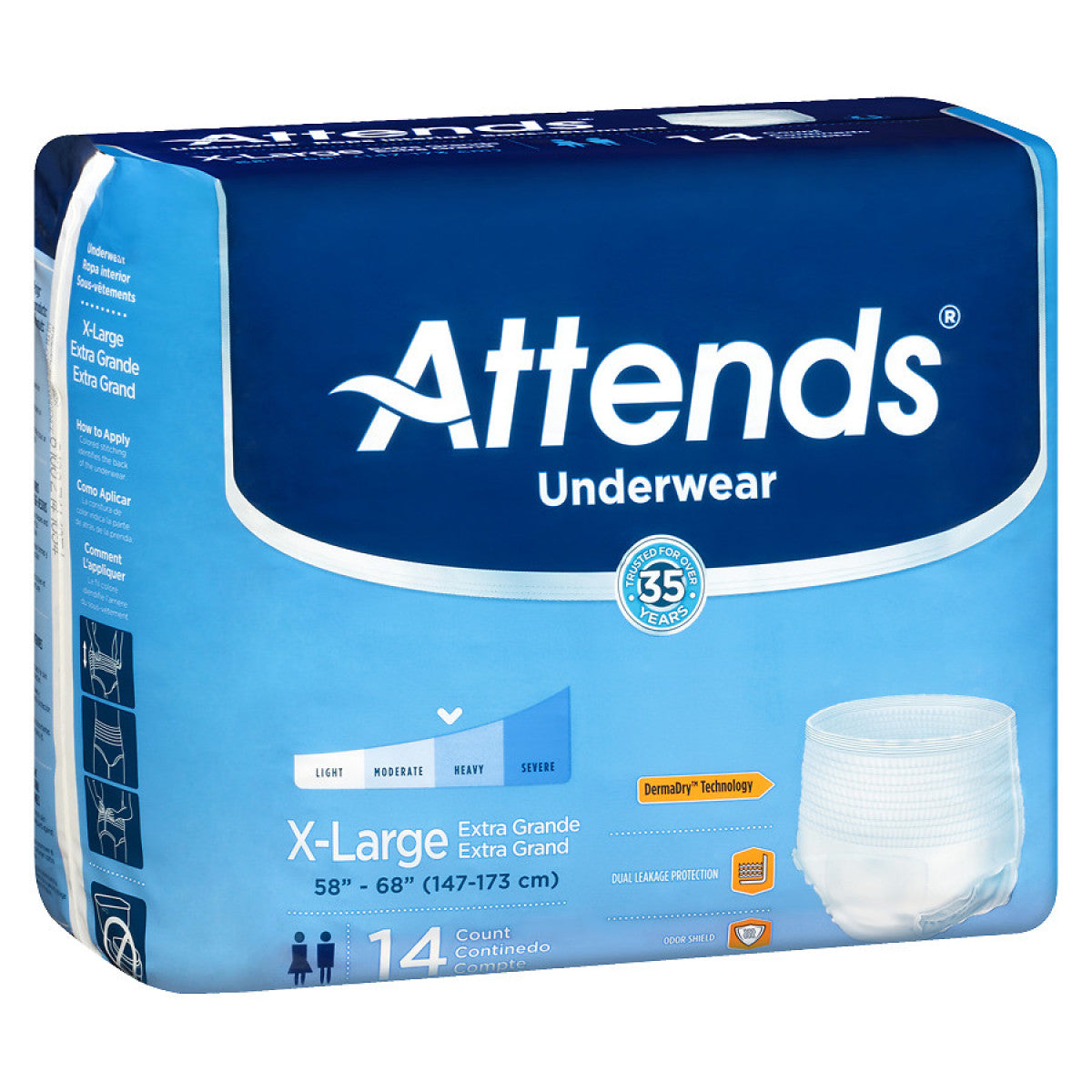 Heavy extra-large Attends disposable underwear for incontinence, showing soft fabric and waistband for comfort and protection.