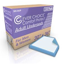Clever Choice Comfort Protect adult incontinence underpads, 30" x 36", 25-pack, soft absorbent surface with waterproof backing.