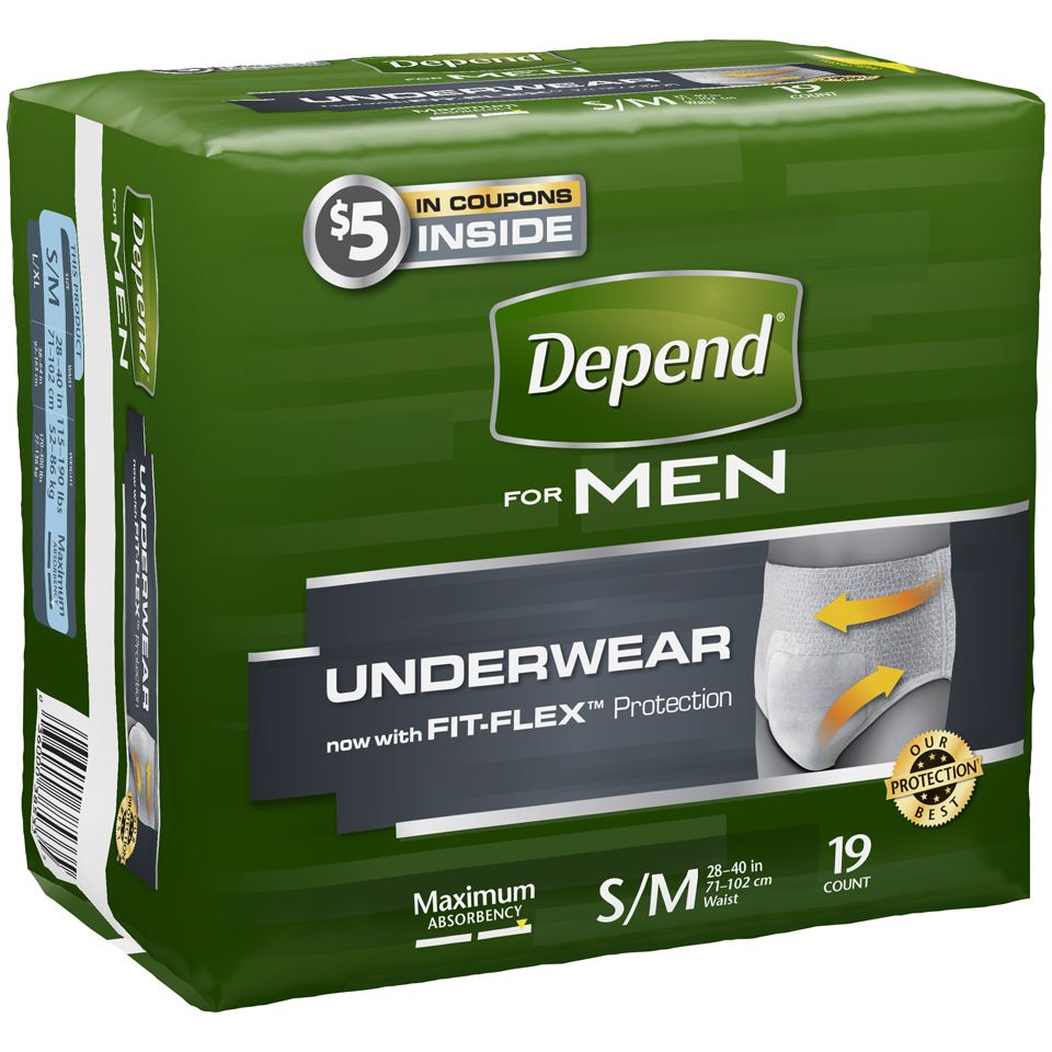 Grey Depend Fit Flex adult incontinence underwear for men, disposable with maximum absorbency, small/medium size, designed for comfort.